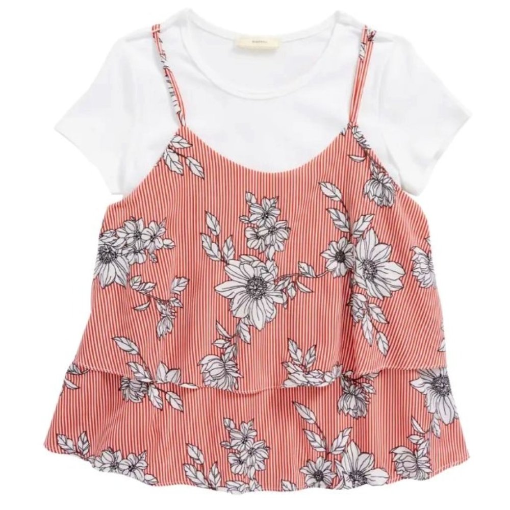 Soprano Girls' 'Flouce' Mixed-Media Blue Floral & Red Striped Blouse